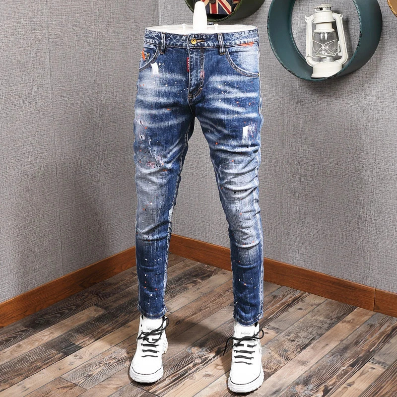 Fashion Streetwear Men Jeans Retro Blue Elastic Slim Fit Ripped Jeans Men Painted Elastic Hip Hop Denim Pencil Pants 260122