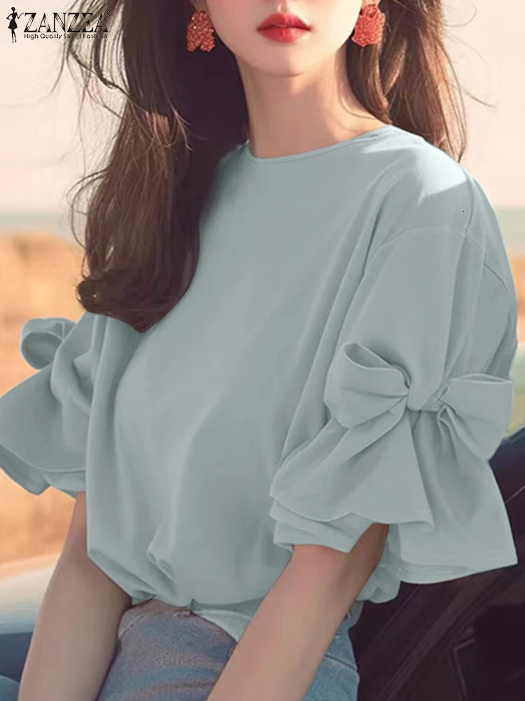 ZANZEA Vintage Bow Tie Patchwork Chiffon Blouse Women Korean Ruffles Shirt Autumn Elegant Lantern Short Sleeve Tops Tunic 260207
