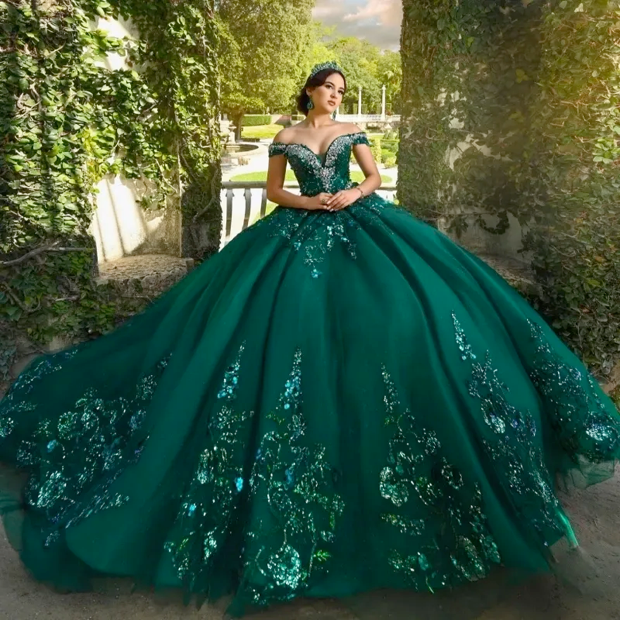Blackish Green Shiny Princess Quinceanera Dresses Off Shoulder Sequin Applique Lace Beading Crystal Tull Sweet 16 Dress Vestido De 15 Anos Ball Gowns 