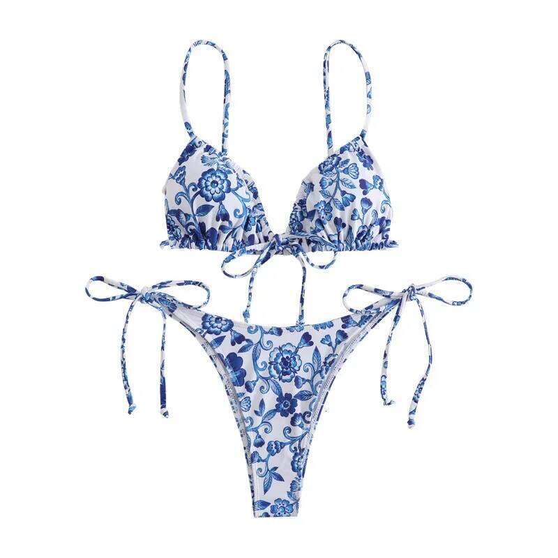 sexy floral print micro blue and white porcelain swimwear swimsuit women biquini thong bikini set bathing suits C260207
