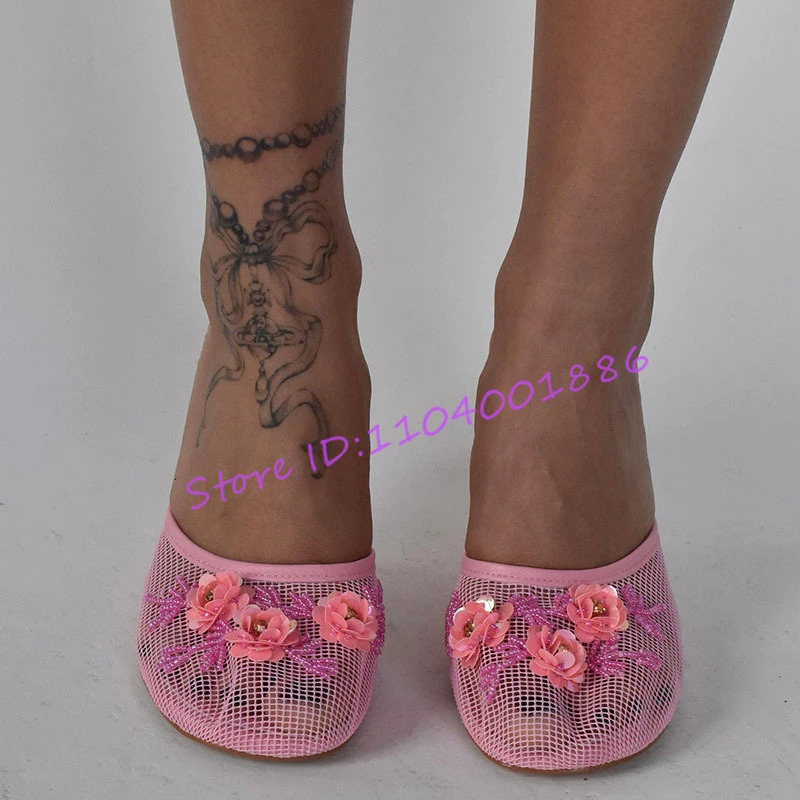 Novelty Mesh Sequin Wedges Slipper Chinese Beadwork Floral Decor Strange Heel Sandals Summer Round Toe High Heels 260208