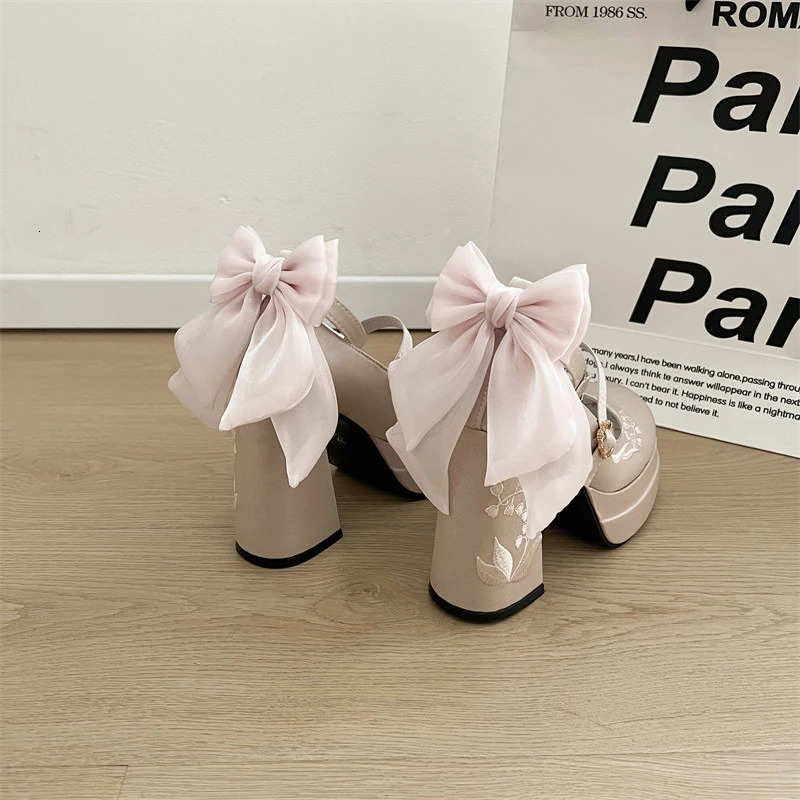 Mary Jane Flat Thick Heel Bottom Platform Plus Size Embroidered Chinese Style Bow Cosplay Womens Shoes 260208