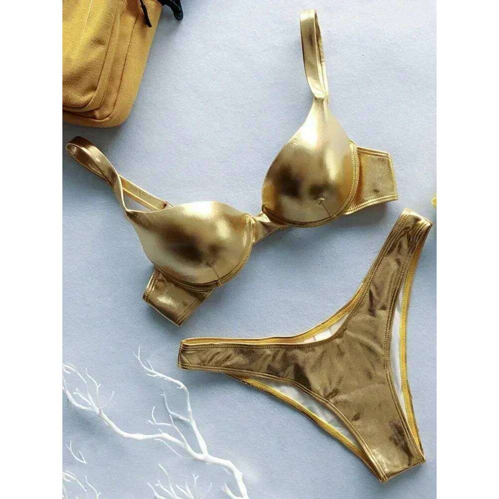 Shiny PU Faux Leather Women Swimsuit Female Swimwear Two-pieces Bikini Set Underwired Bra Cup Bikinis Bathing Suit Swim C260207