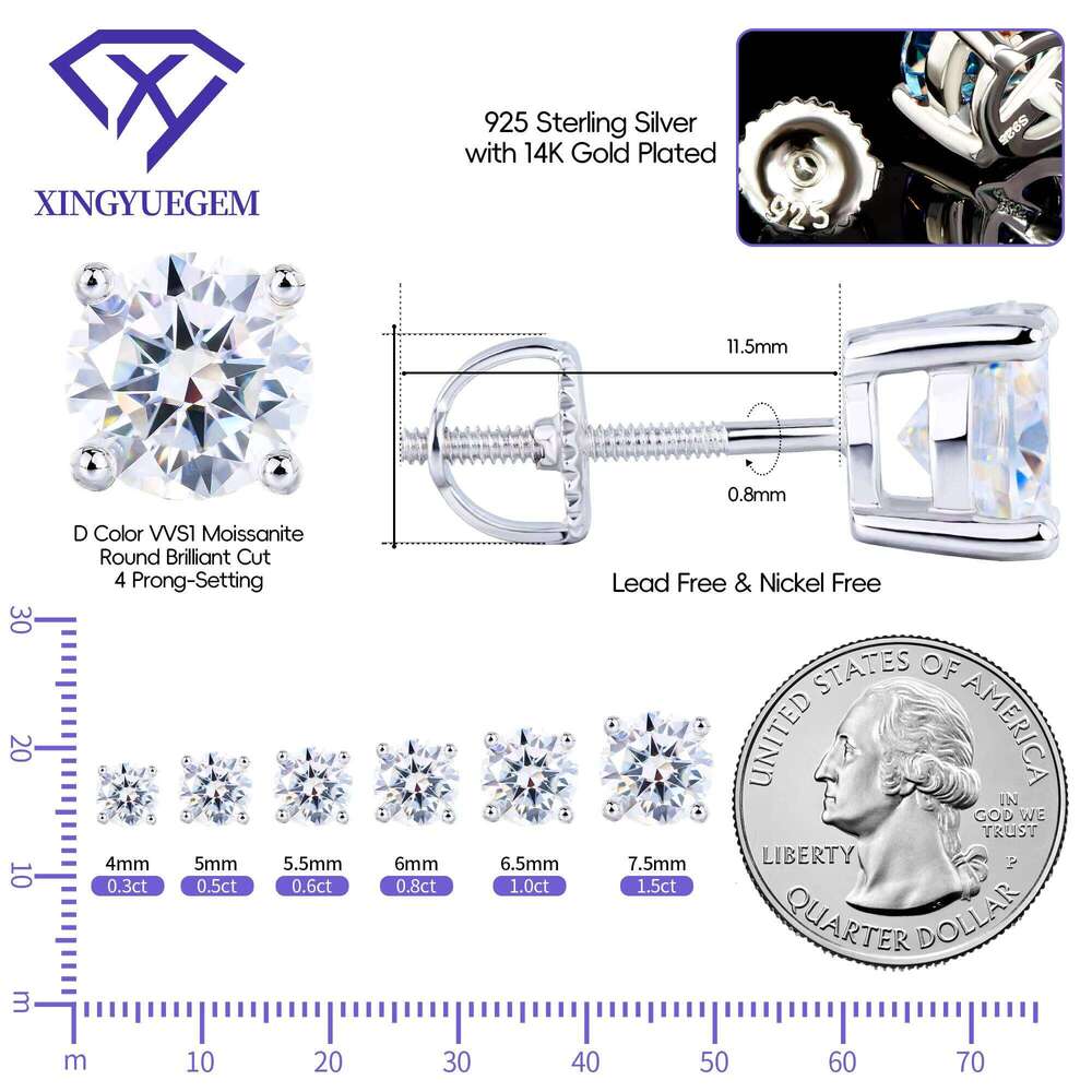 Custom Wholesale Bulk Women's Ladies 925 Sterling Silver Screw Back Stud Earrings Color Moissanite Diamond Gra Hip Hop Jewelry
