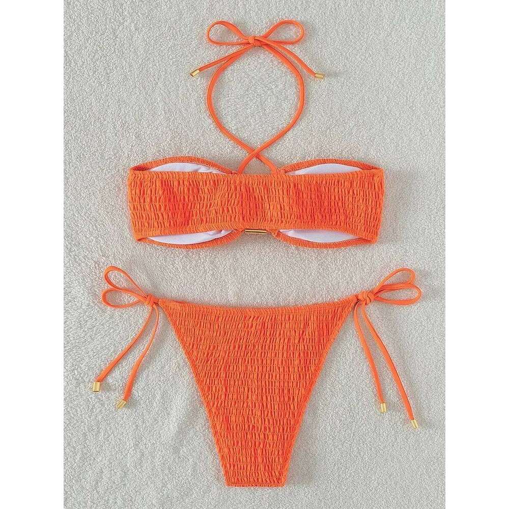 Halter Tie Side Pleated Smocked Women Bandeau Swimsuit Female Swimwear Two Pieces Bikini Set Bathing Suit Swim Beach Wear C260207