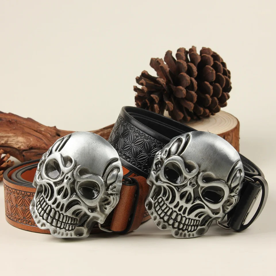 1 Western Cowboy Ancient Silver Multiple Ghost Head Skull Large Plate Buckle Belt Trendy Retro Society Young Men Punk PU Leather 260124