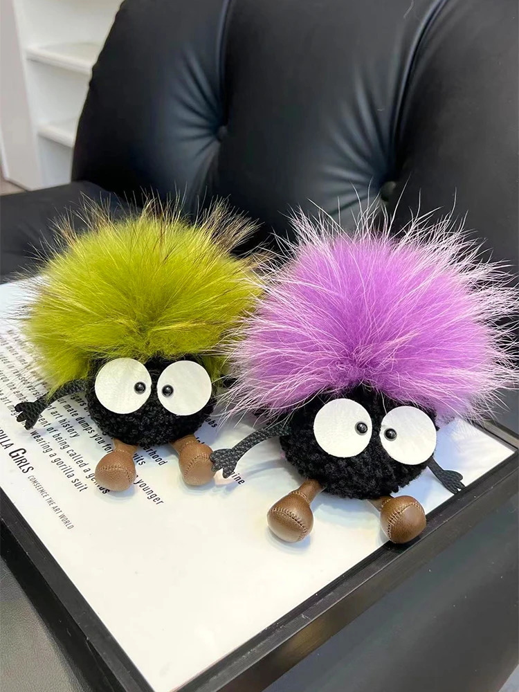 15cm Cute Cartoon Wool Small Coal Ball Car Keychain Real Raccoon Fur Pendant Elf Plush Ball Bag Pendant Hobby Collection Gift 260107