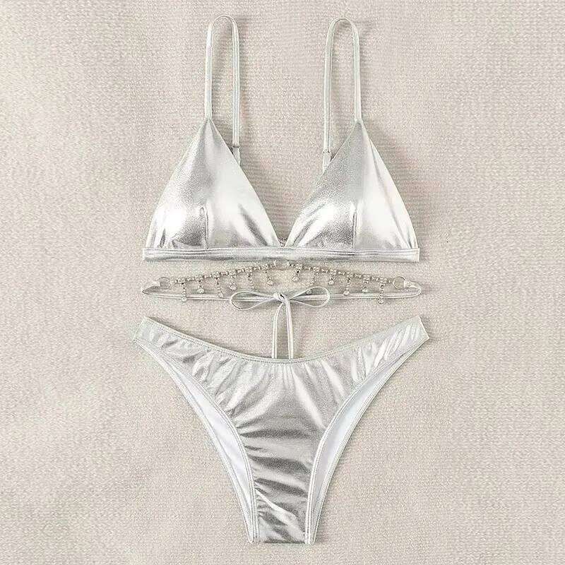 Silver Backless Swimwear Triangle Bikinis Sets Woman 2026 Sexy Swimsuit Summer High Leg Cut Bathing Suit Rhinestone Bikini Dames C260207