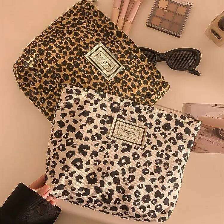 Leopard Print Canvas Makeup For Women, Portable Travel, Skincare Products, Lipstick Storage Bag, Toiletry Bag Y260206
