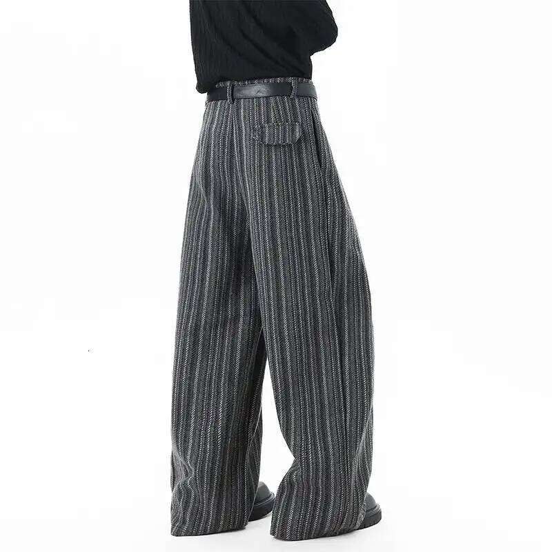 IEFB Niche Design Men's Trousers Striped Contrast Color Woolen Pleated Loose Straight Wide Leg Casual Male Pants 9X1633