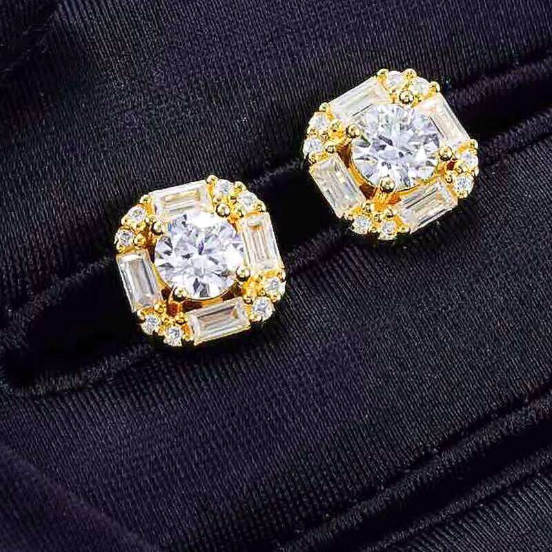 Pass Diamond Tester Hip Hop D Color Baguette Moissanite Halo Square Men's Cluster Stud Earrings With 925 Sterling Silver GRA