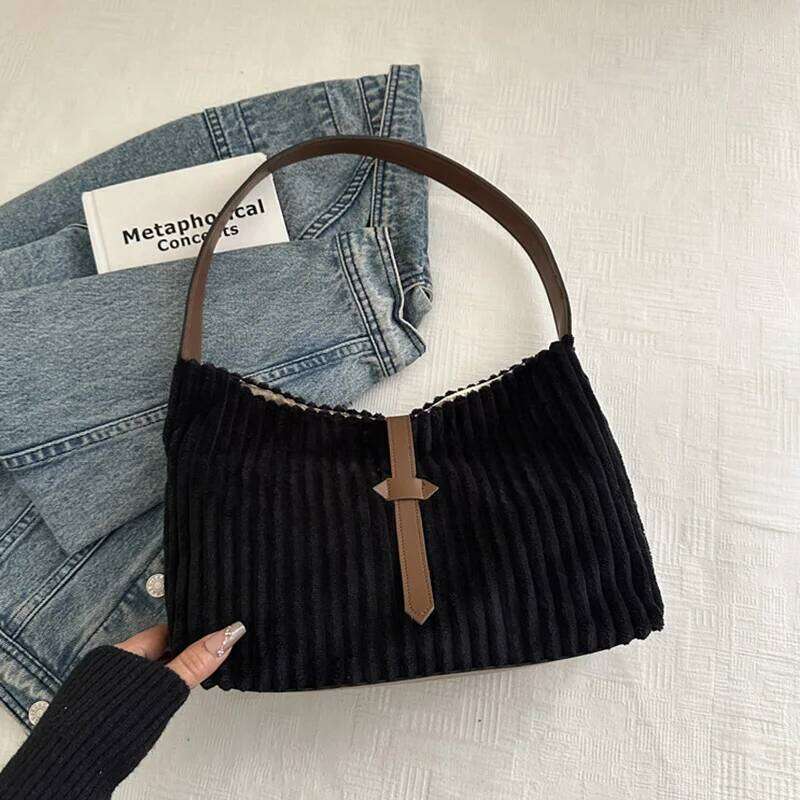 Casual Versatile Corduroy Shoulder Bag Women, Winter Large Capacity Tote Ladies Handbag For Daily Used C260207