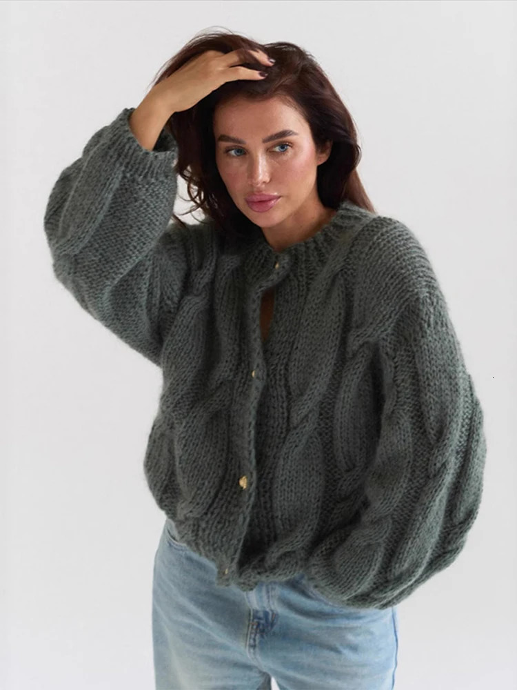 Elegant Thick-knit Womens Sweater Loose Solid O-neck Single Breasted Sweaters Female 2026 Fashion Spring Lady Knitwear 260122