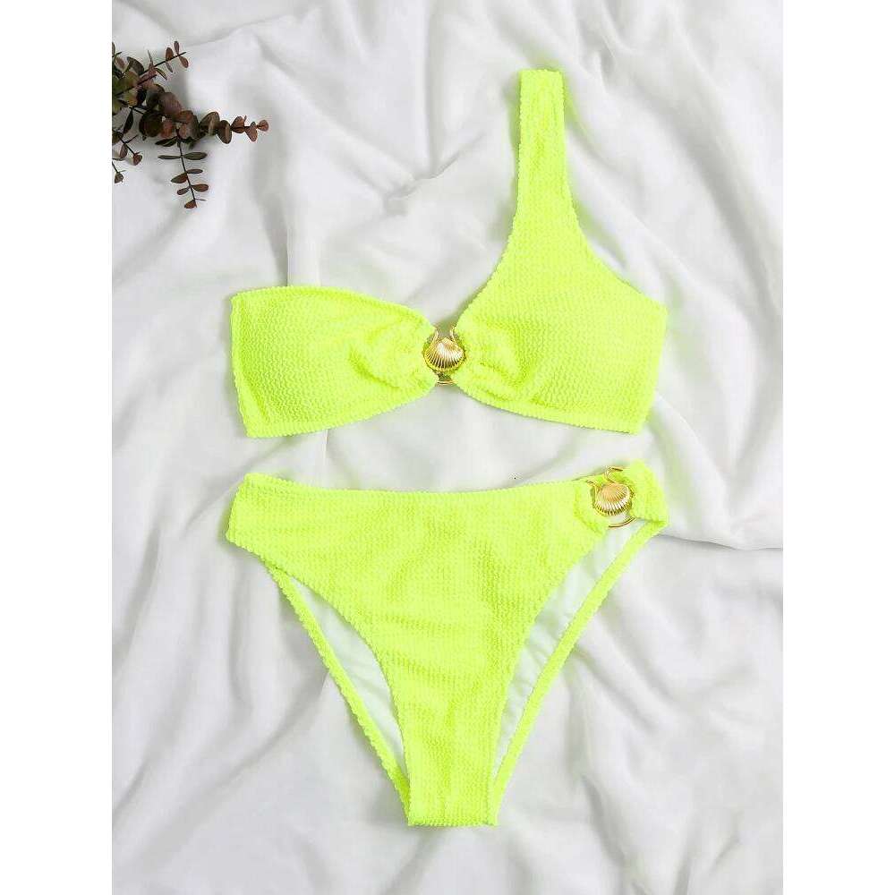 Sexy One Shoulder Shell Bikini High Waist Swimwear 2023 Textured Swimsuit Women Bathing Suits Metal Ring Two-piece Bikinis Set C260207