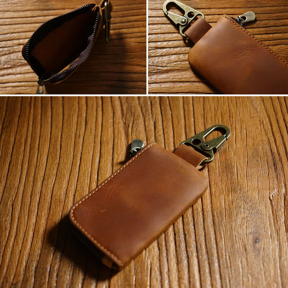 Multi-Functional Leather Coin Purse with Keychain Ring Key Holder Wallet with Carabiner Hook for Coins Keys Cards Mini Purse 260129