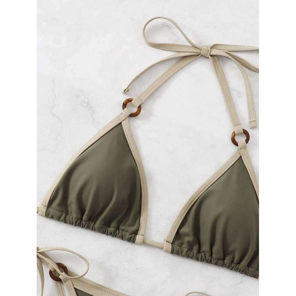 Contrast Binding Ring Bikinis 2025 Women Sexy Halter Swimsuit Triangle Swimwear Female Bathing Suit Swimming Summer Beachwear C260207