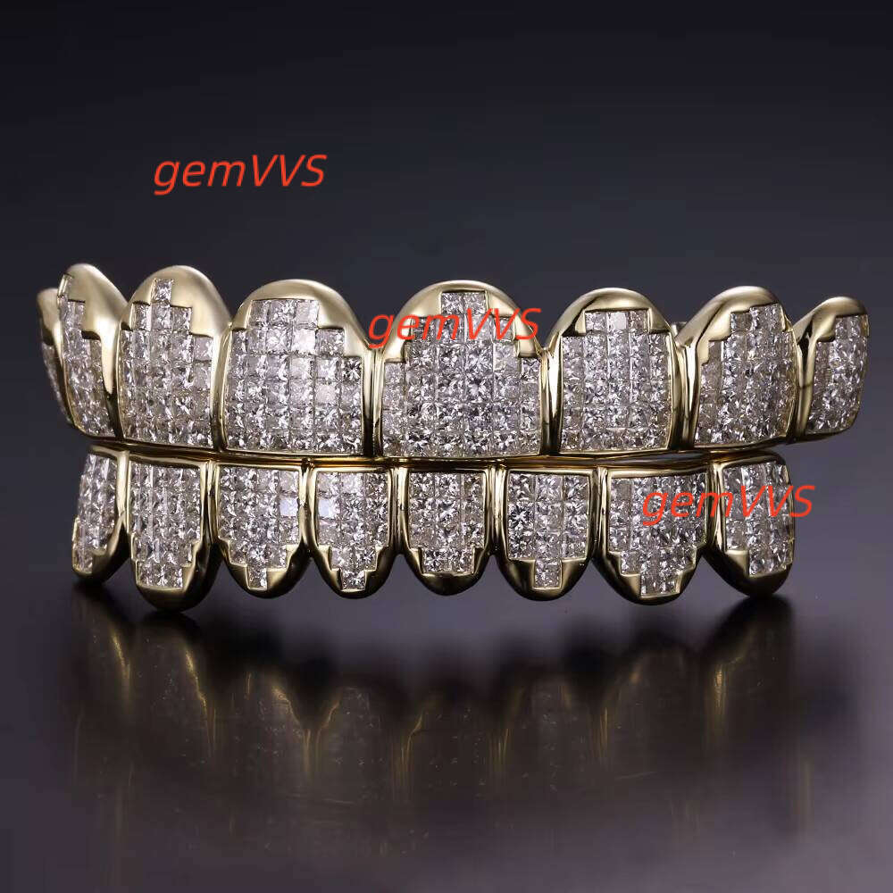 Custom Top Bottom 10 S925 Silver 10K 14K Solid Gold Princess Cut Moissanite Lab Grown Diamond Invisible Setting Teeth Grillz