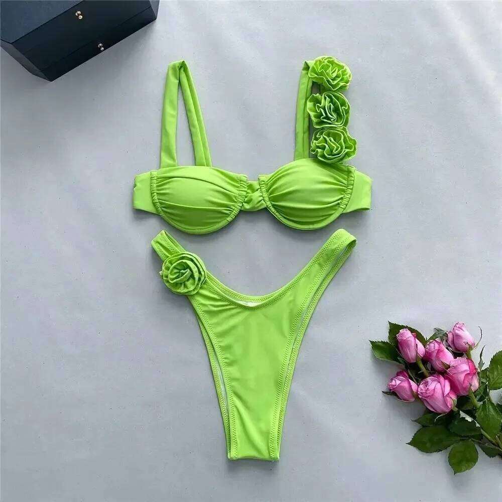 Sexy 3D Flower Rose Red Push Up Bikinis Sets Woman Swimsuit 2025 High Leg Cut Swimwear Underwire Bathing Suit Micro Bikini Mujer C260207