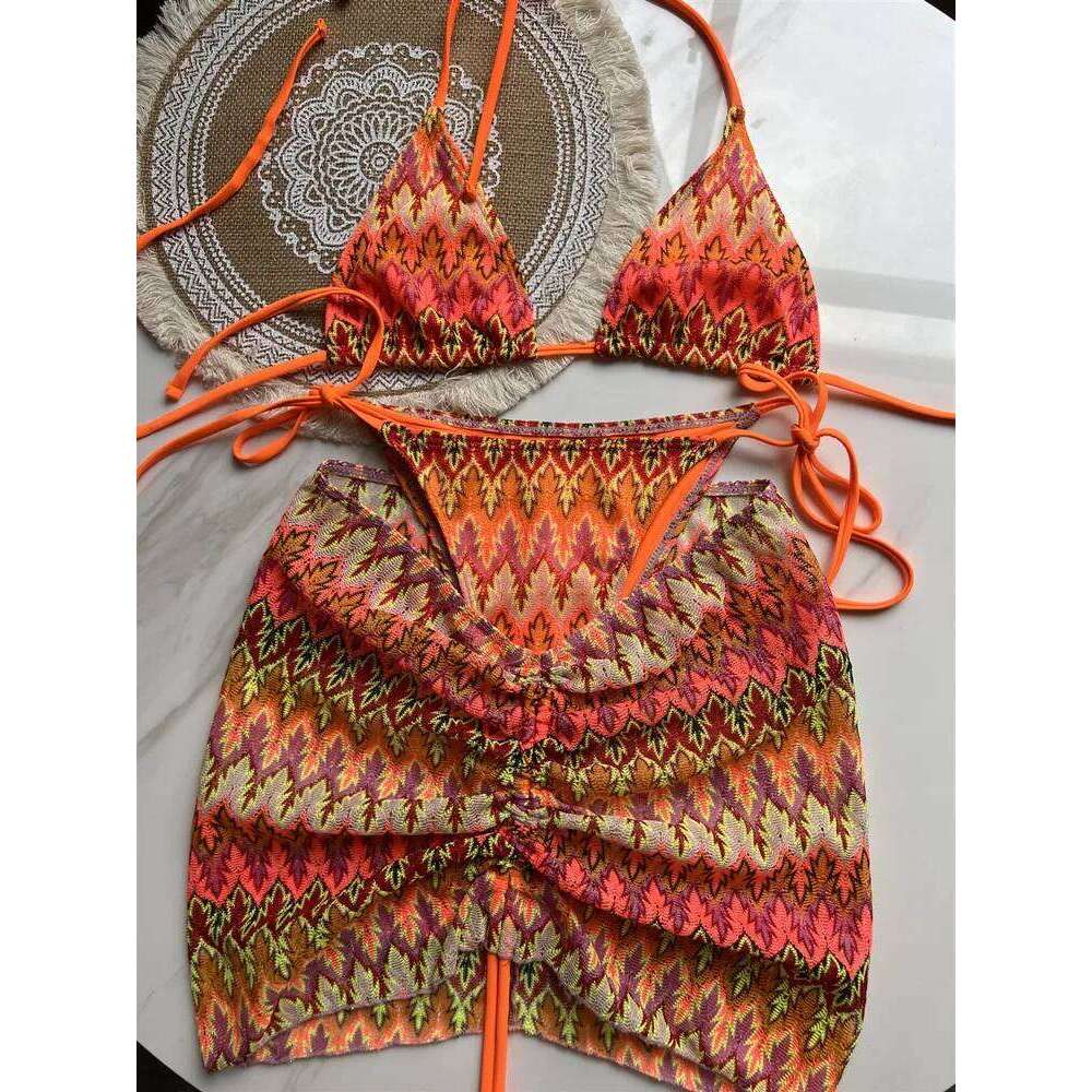 Women Colored Maple Leaves Knitted Skirt Three-Piece Set Split Swimsuit Bikini C260207