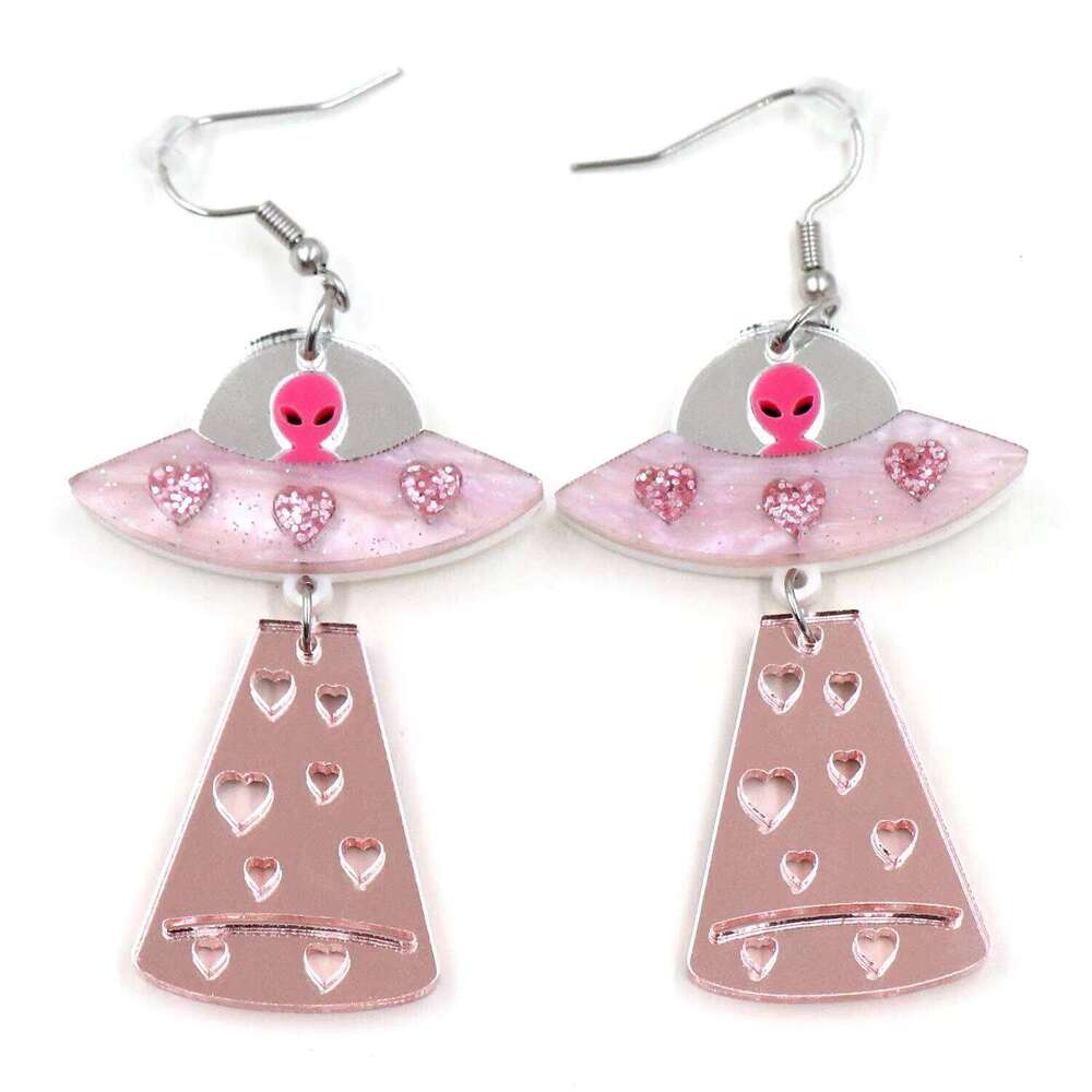 Hyler2609 Valentine's Day Heart Flying Saucer Laser Cut Diamond Drop Earrings