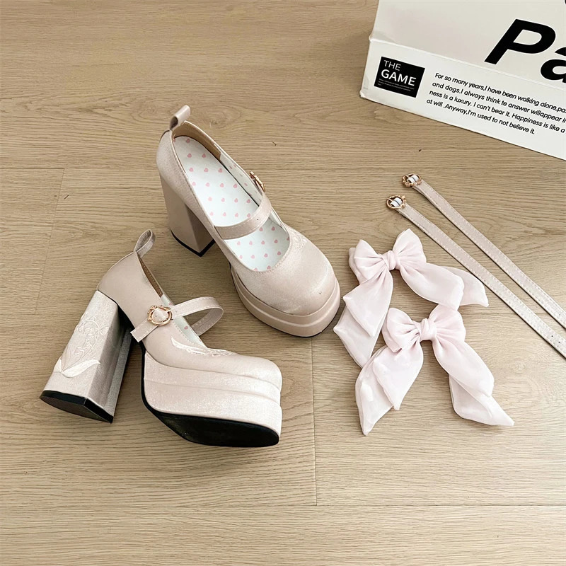 Mary Jane Flat Thick Heel Bottom Platform Plus Size Embroidered Chinese Style Bow Cosplay Womens Shoes 260208