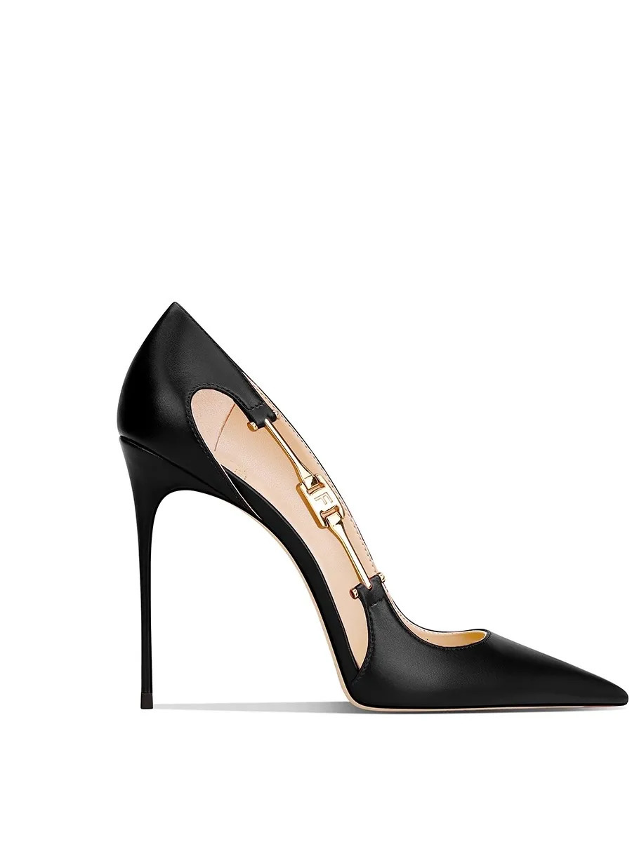 Fine highheeled womens shoes summer pointed scalp hollow metal buckle single large size small banquet work 260208