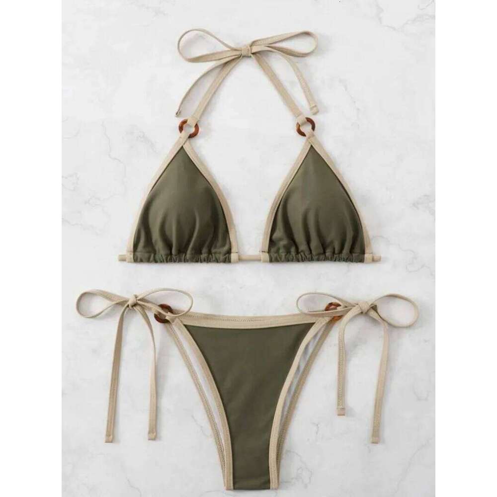 Women green halter micro ring string bikini sets two pieces tie thong swimsuit Swimwear bathing suit beach outfits biquini C260207