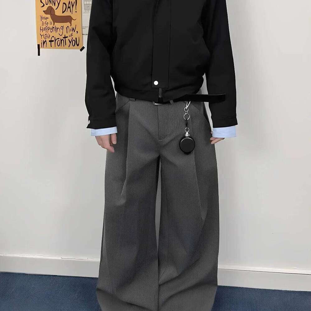 Retro Japanese Style Double Fold A- Line Straight Leg Pants Unisex Grey Draping Loose Fit Casual Trousers for Commuting