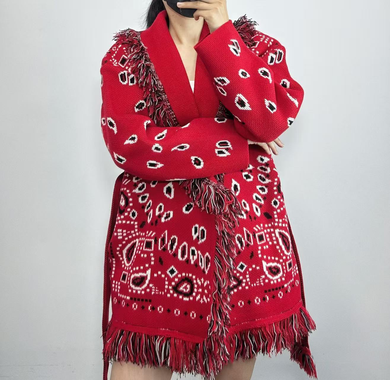 Shawl Collar Tie-Waist Fringe Cardigan Paisley Pattern Long Sleeve 2025 Autumn Boho Women Knitwear Chic Casual Ethnic Outerwear 251117