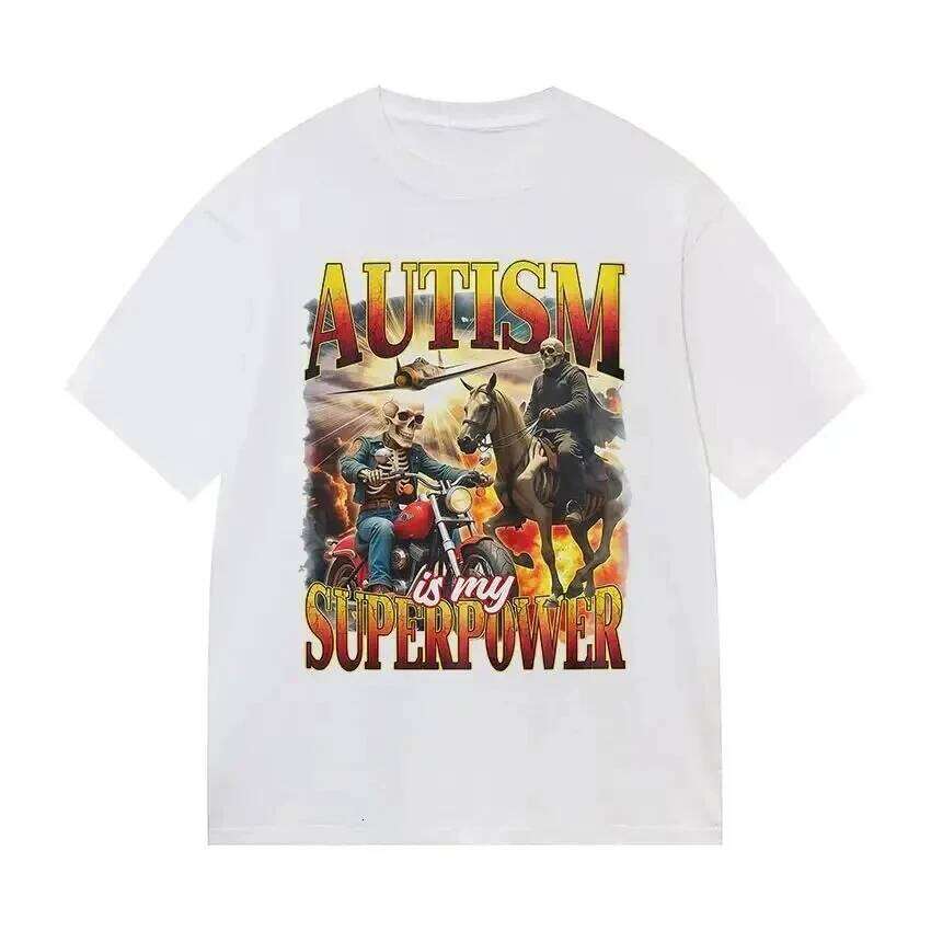 Autism Is My Superpower Gothic Pattern Fun Casual Cute Bicycle Short-Sleeve Summer Round Neck T-Shirt C260207