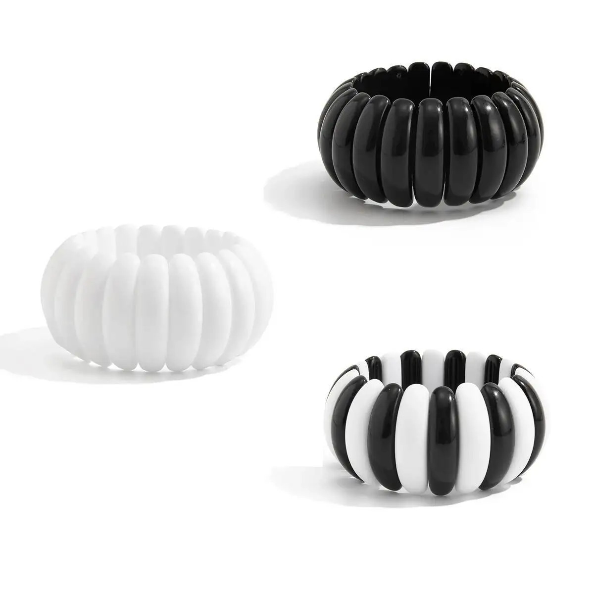 Salircon 3 Styles Boho Resin Geometric Chunky Bangles Women Hip Hop Punk Black White Stacking Elastic Bracelet Y2K Jewelry 260206