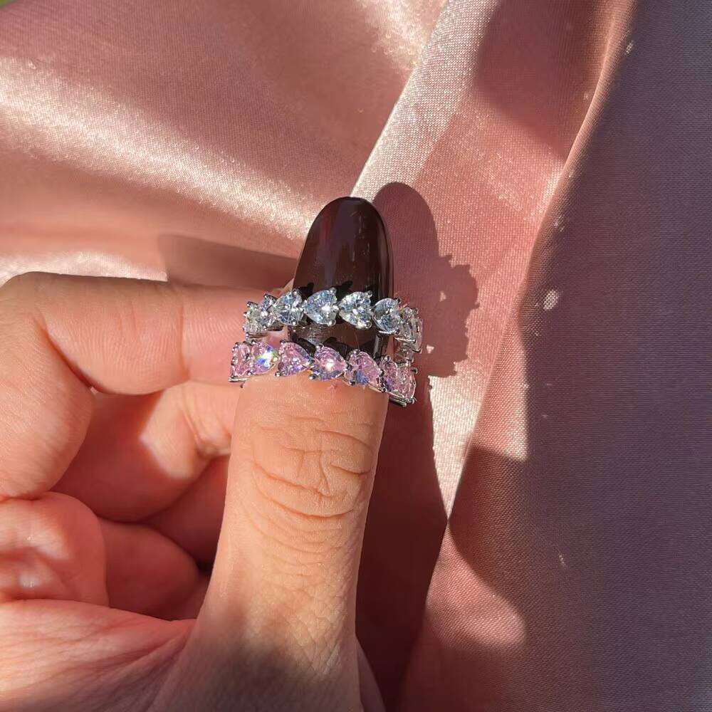 S925 Pink Square Diamond Love Heart Water Drop Zircon Full Rhinestone Iced Out Engagement 925 Sterling Silver Ring