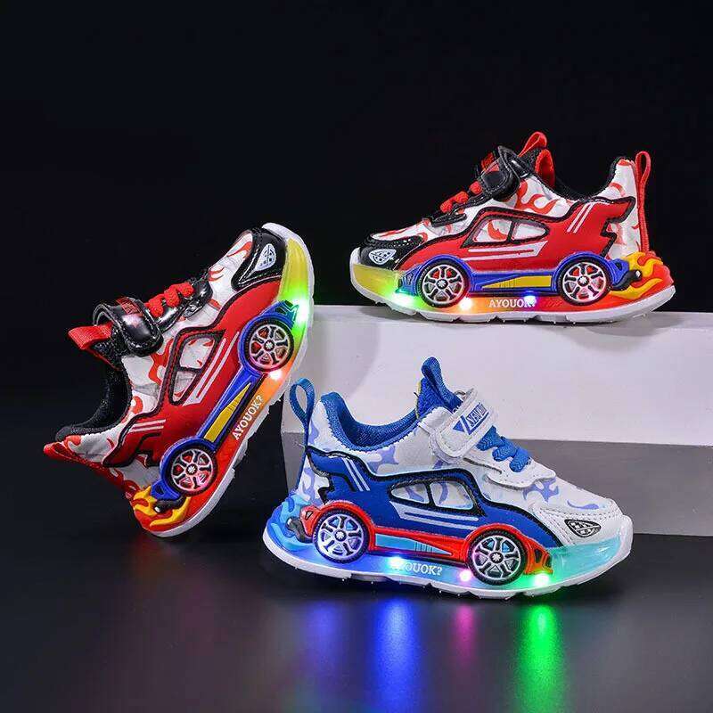 Spring Kids Shoes New Fashion Versatile Casual Anti Slip Cartoon Car Boy Shoe LED Lights Simple Trendy Sneakers H260207