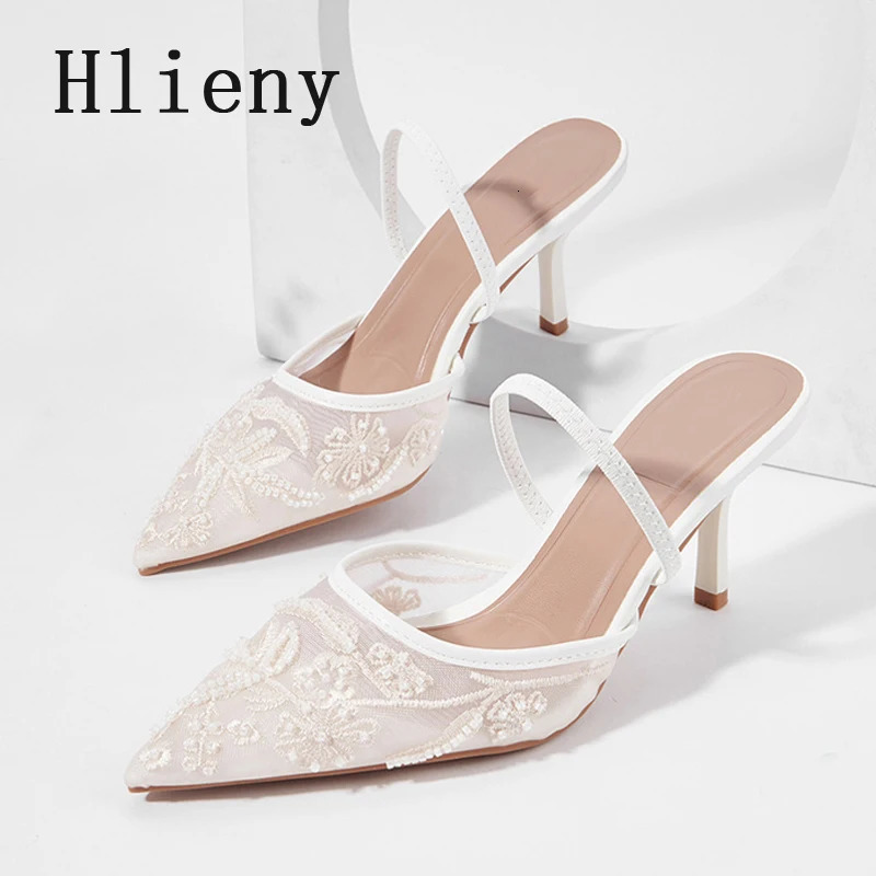 Hlieny White Women Wedding Pumps Mesh Embroidered Flowers Back Strap Sexy Slingback High Heels Dress Shoes Ladies 260208