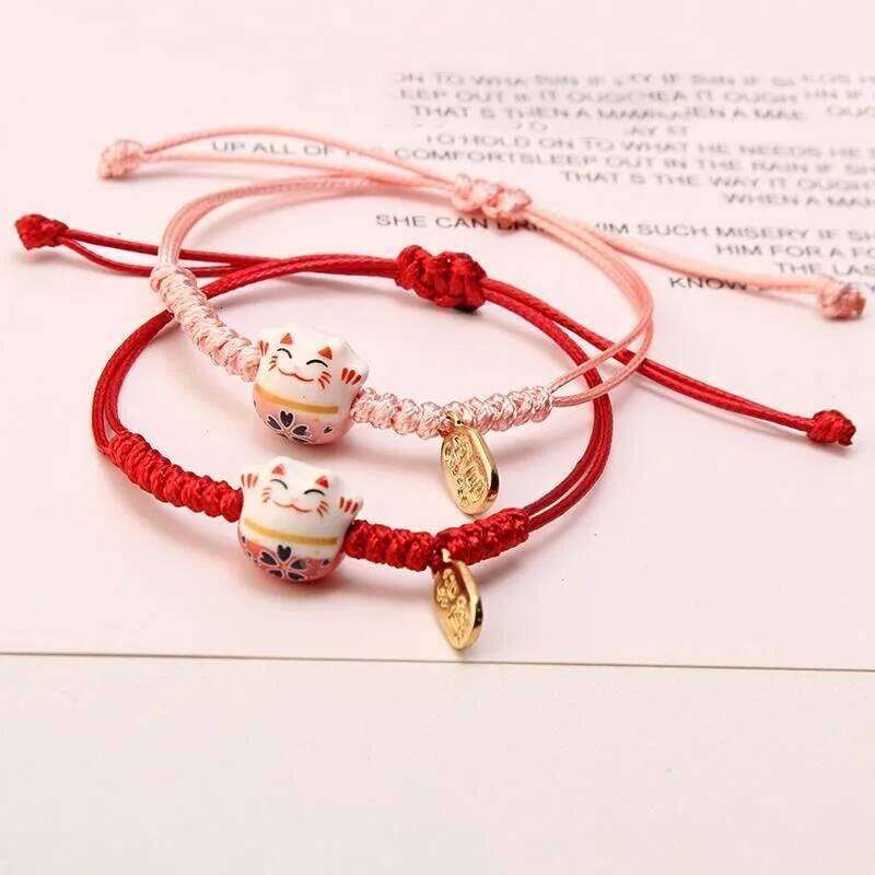 Simple Ceramic Lucky Cat Braided Bracelet For Women Cute Animal Kitten Hand Woven Adjustable Bangles Party Harajuku Jewelry Gift Yuansiqi