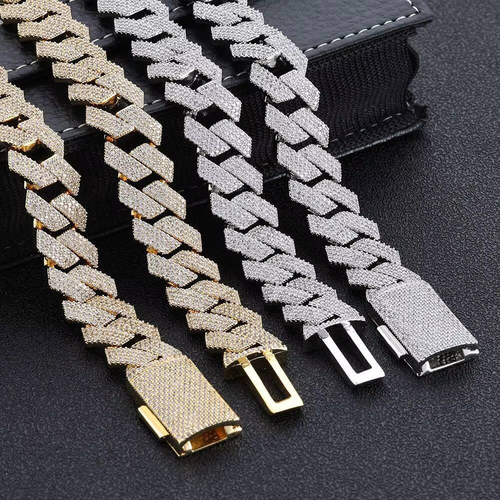 15mm Iced Out vvs moissanite Necklace Rapper Style Hip Hop Miami Cuban Link Chain Gold Silver Plated with Diamond Pearl Gift
