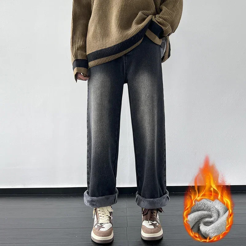 4 Colors Winter Fleece Mens Jeans Baggy Straight Elastic Waist Denim Pants Fashion Korean Thickened Warm Male Thermal Trousers 260127