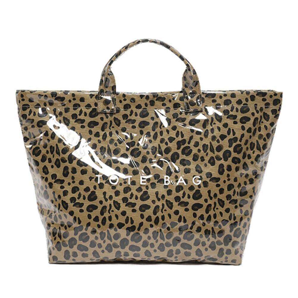 PVC For Women's Letters Leopard Print Large Kraft Paper Tote Carry All Bag Top Handle Clear Hobo Handbag C260207