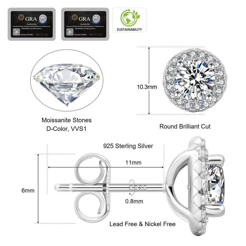 VVS Moissanite Stud 925 Sterling Silver 14K Gold Plated Women Men Jewelry Gifts 1Ct 2Ct GRA Halo Mossanite LAB Diamond Earring