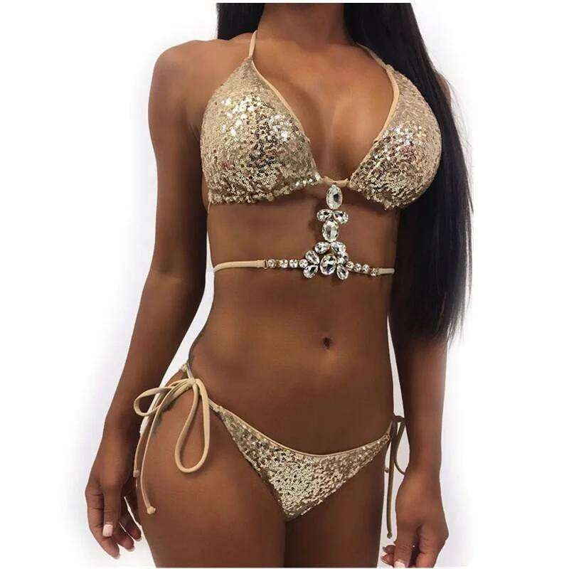 Sequins Sexy Bikinis Swimsuit With Rhinestones Women Swimwear Female Push Up Bikini Beach Swim Wear Bathing Suits Pool Bather C260207