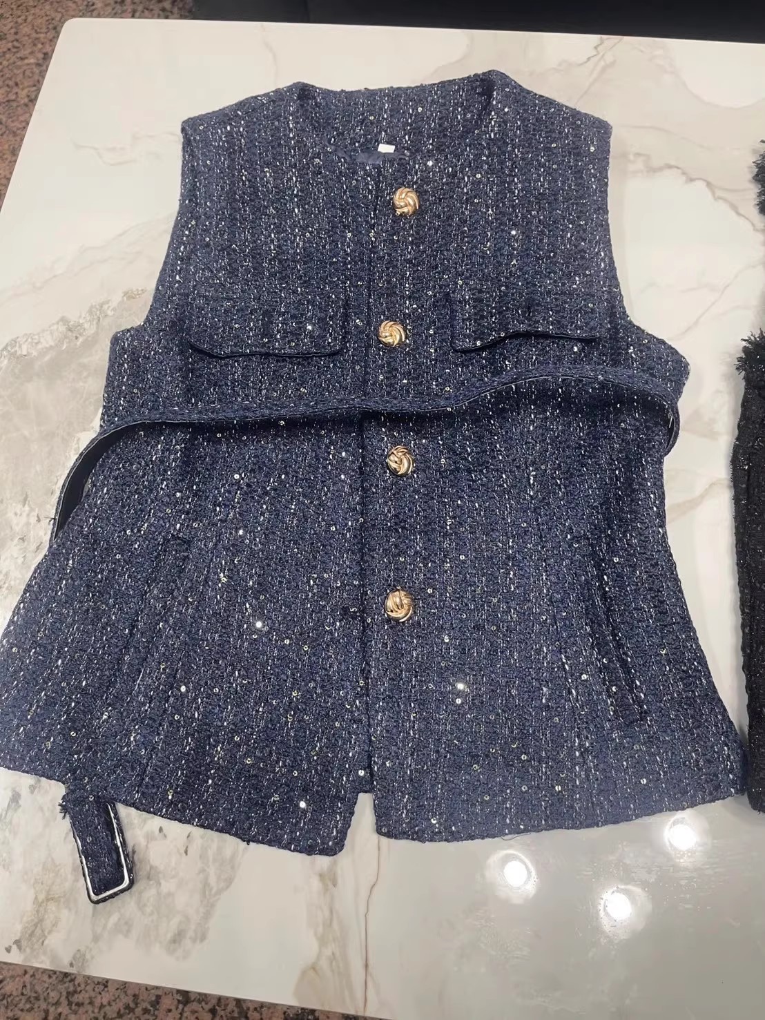 Women's Vests Tweed Waistcoat with Belt O Neck Sleeveless Front Button Female Outerwear Chic Tops Fashion
