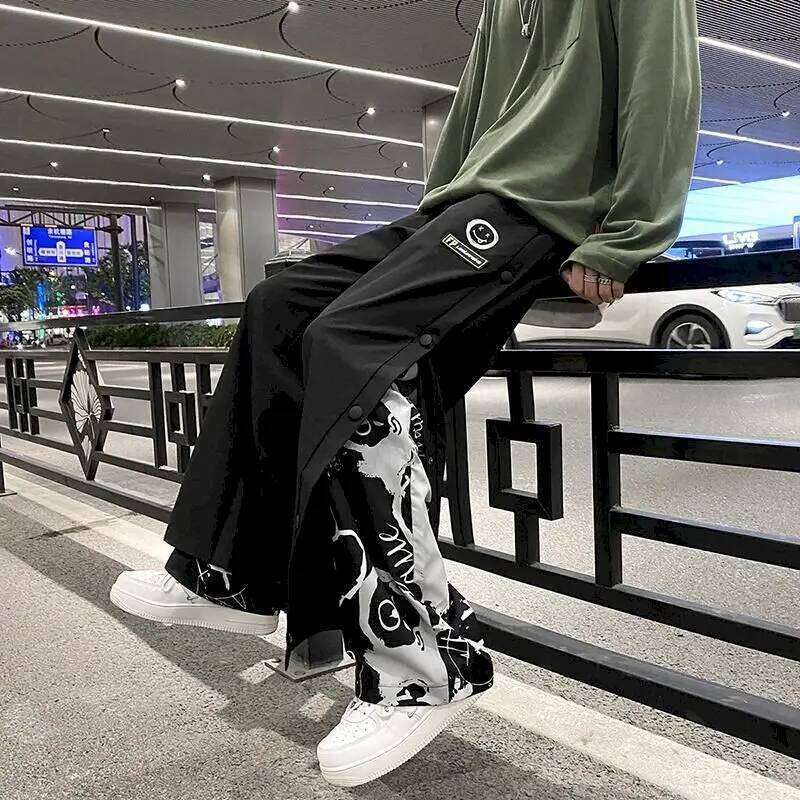 High casual trousers buttoned male gothic loose straight wide leg fake two piece pants high street men's bottoms