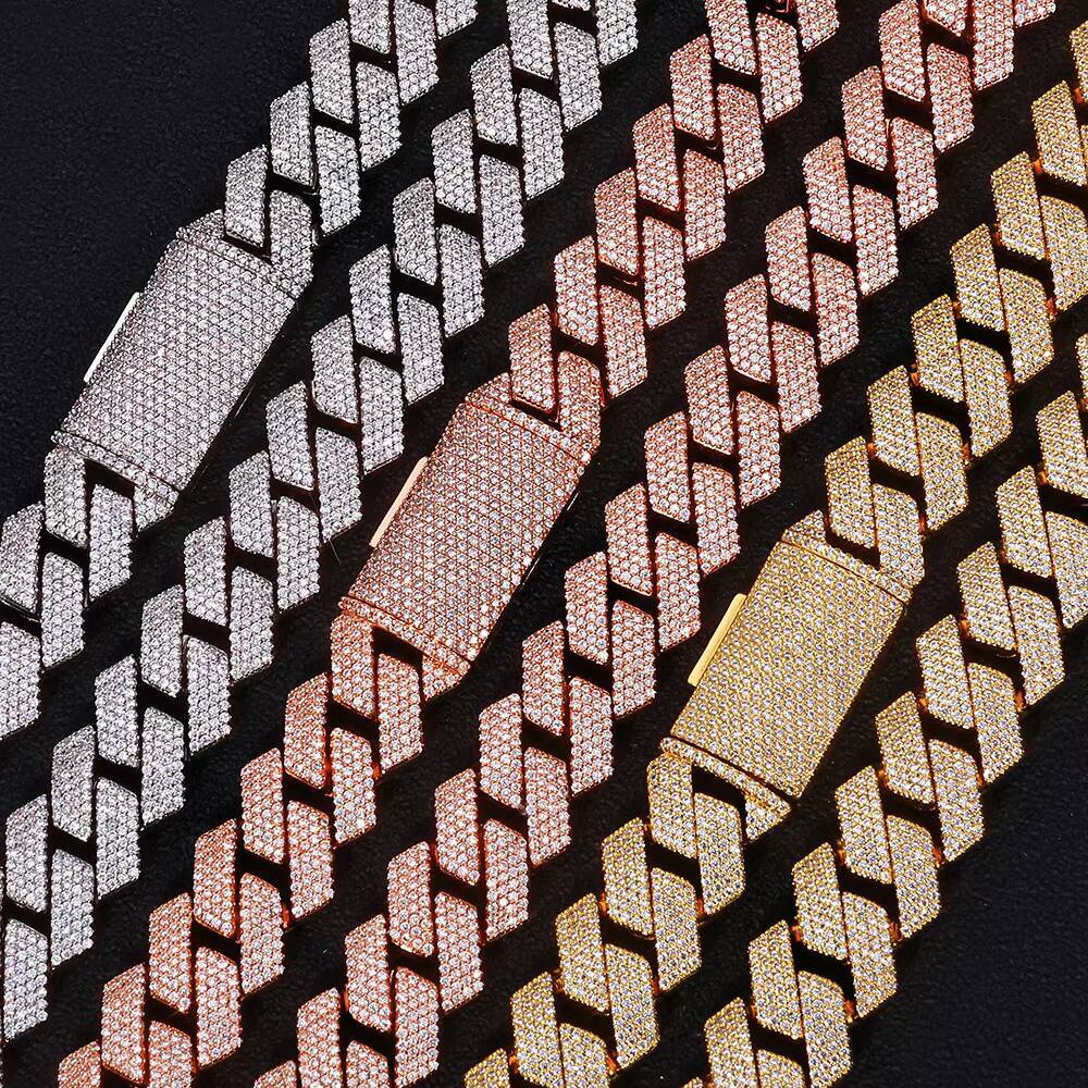 Luxury Hip-Hop Chain Necklace 15mm Wide Box Clasp Micro Pav vvs moissanite Diamond Fork Cuban Chain Rapper Accessories