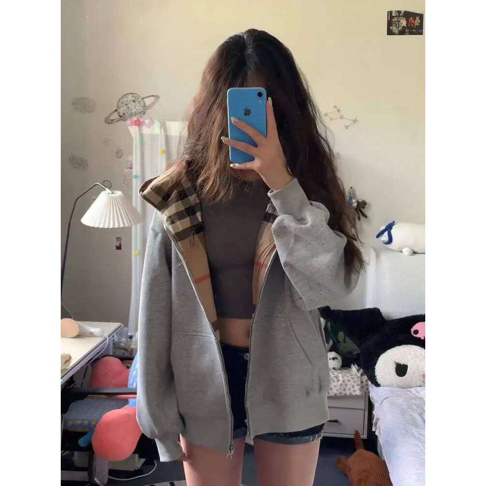 American Hooded Shoulder Plaid Hoodie For Women Designer Fashion New Hot Item, Early Autumn And Winter Korean Lazy Style Jacket