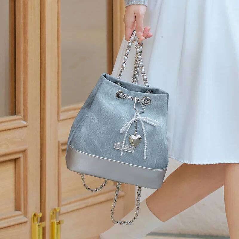 Semir Backpack Women New Style Stylish Color-blocking Imitation Denim Bucket Bowknot Chain Bag Popular