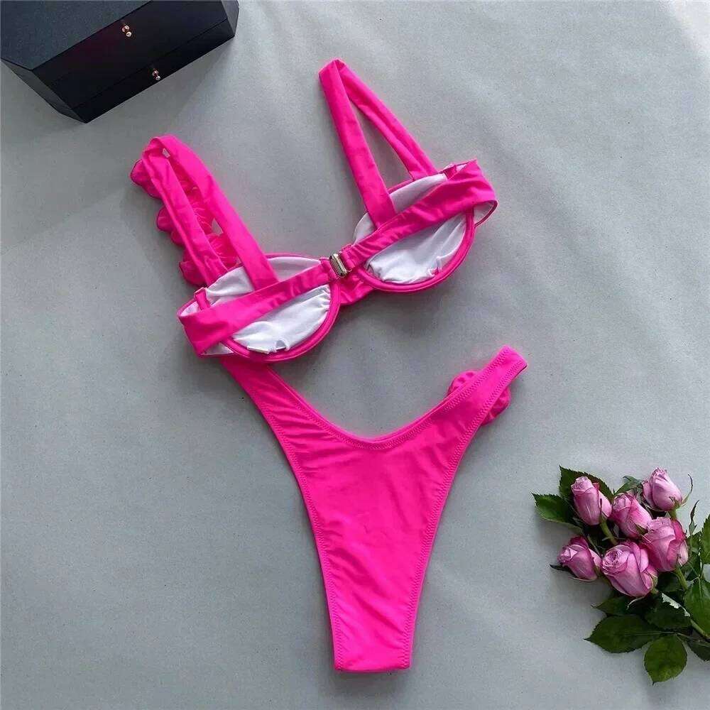 Sexy 3D Flower Rose Red Push Up Bikinis Sets Woman Swimsuit 2025 High Leg Cut Swimwear Underwire Bathing Suit Micro Bikini Mujer C260207