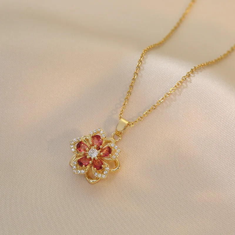 OIMG 316L Stainless Steel Gold Plated Romantic Rotatable Flower Zirconia Pendant Necklace For Women Girls Charm y Jewelry 260206