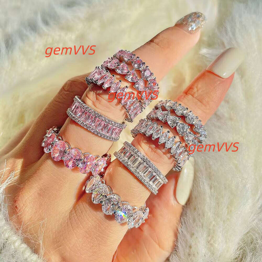 S925 Pink Square Diamond Love Heart Water Drop Zircon Full Rhinestone Iced Out Engagement 925 Sterling Silver Ring