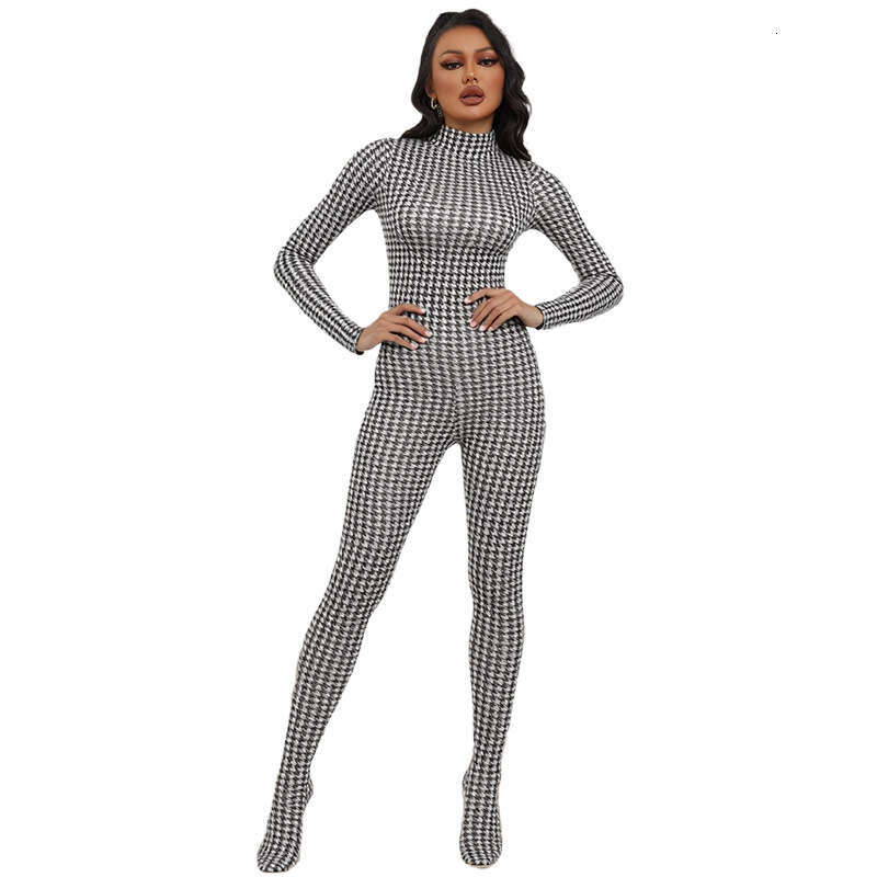 Cross-border European American style autumn and winter new women's fashion printed high-neck long-sleeve sexy high-waisted slim-fit jumpsuit