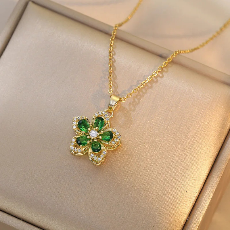 OIMG 316L Stainless Steel Gold Plated Romantic Rotatable Flower Zirconia Pendant Necklace For Women Girls Charm y Jewelry 260206